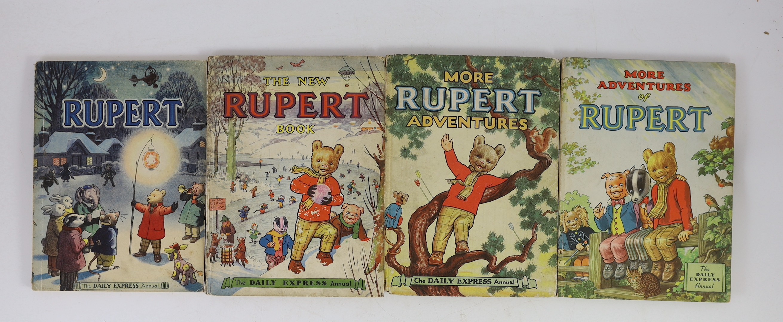 Bestall, Alfred E - 4 Rupert Bear Annuals - 1949, unclipped, pencil name to box; 1951, unclipped, ownership name deleted in ink to box and title; 1952, ownership name to box, lacking 3cm. strip to foot of spine and 1953,